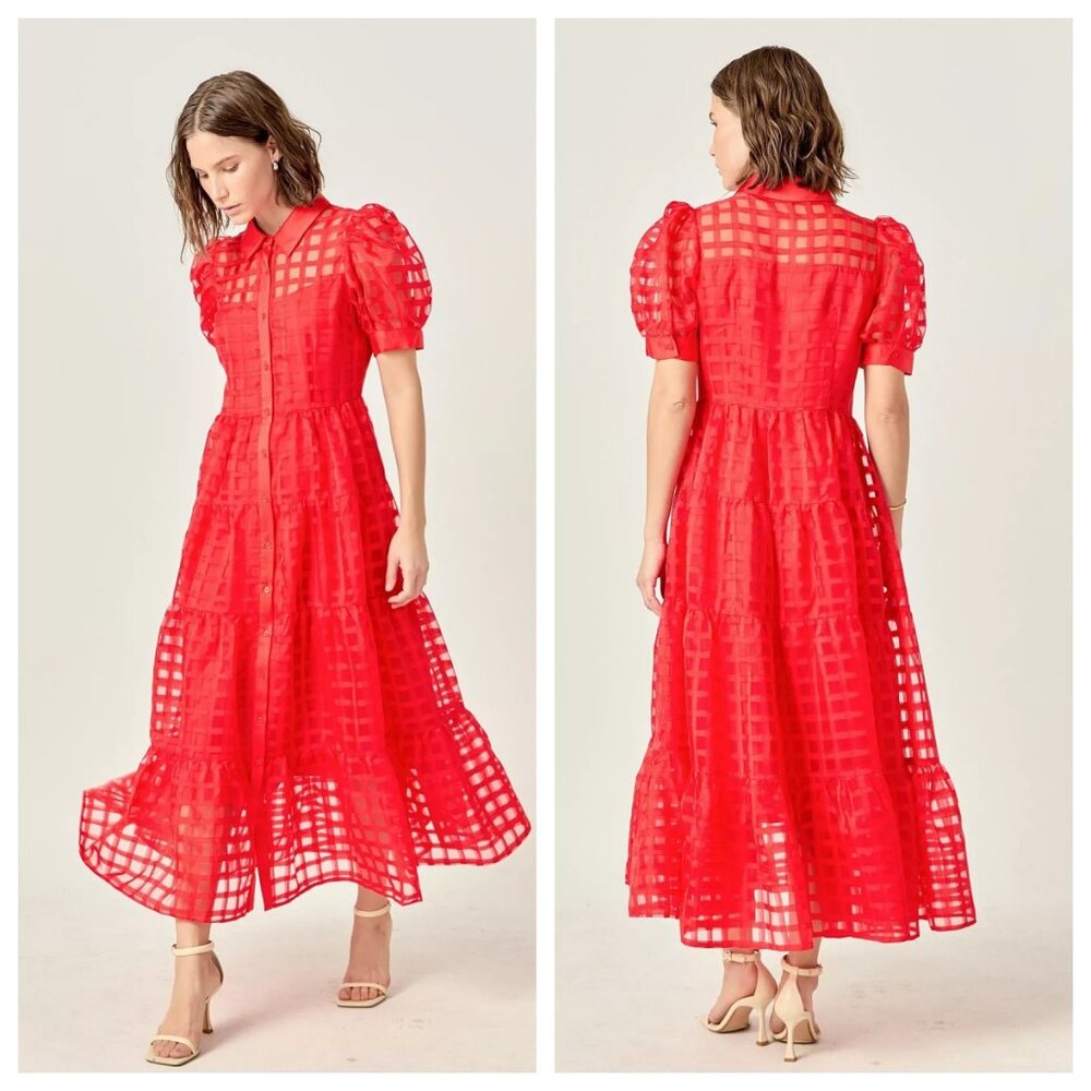 English Factory Gridded Organza Tiered Maxi Dress